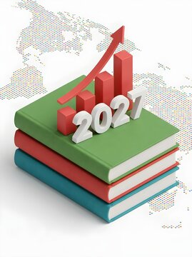 A stack of books with a 3D bar graph and the year 2027 indicating growth and progress against a world map background.