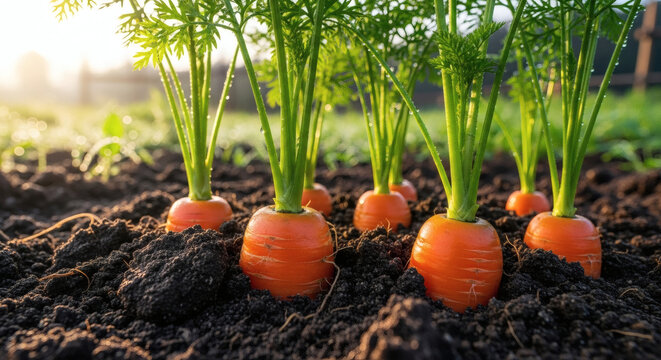 Fresh orange carrots growing in dark soil of a garden vegetable patch during a bright sunny spring morning time