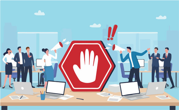 Forbidden warning, prohibition, don't do or stop rule, false or restriction, danger, bad hazard disallow message, illegal or ban concept, business people announce forbidden message prohibit sign
