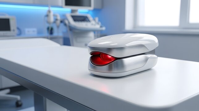 Modern white pulse oximeter device with glowing red light sensor sitting on a clean clinical table in a hospital room