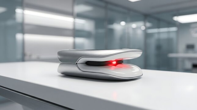 Modern white pulse oximeter device with a glowing red sensor resting on a clean clinical surface in a bright office