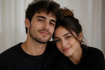 Obraz premium Young couple posing closely smiling in neutral indoor setting