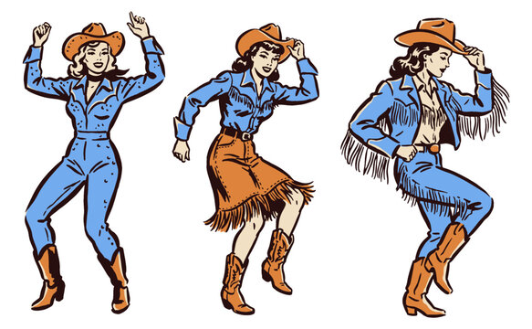 Vintage cowgirl vector set. Retro dancing western girls illustration for t-shirt print, poster, and sticker. Pin-up cowboy style artwork.