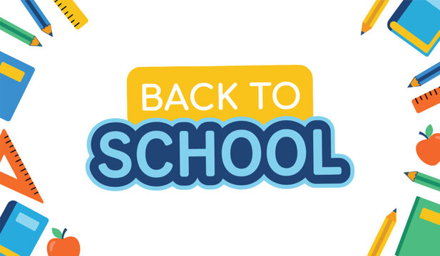 Back to school border design with school supplies, books, pencils, ruler and apple.