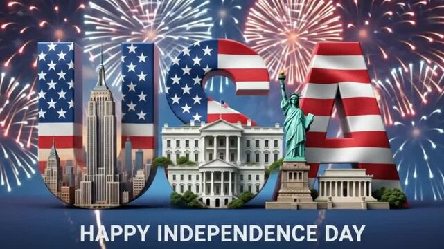 Happy independence day usa celebration with fireworks and iconic american landmarks including the empire state building and the white house
