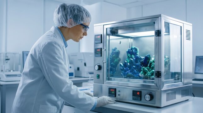 Female scientist in a white coat operating an environmental test chamber containing large blue crystals