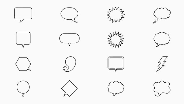 Set of sixteen diverse speech and thought bubble icons with explosion and lightning symbols . Vector Flat Illustration.