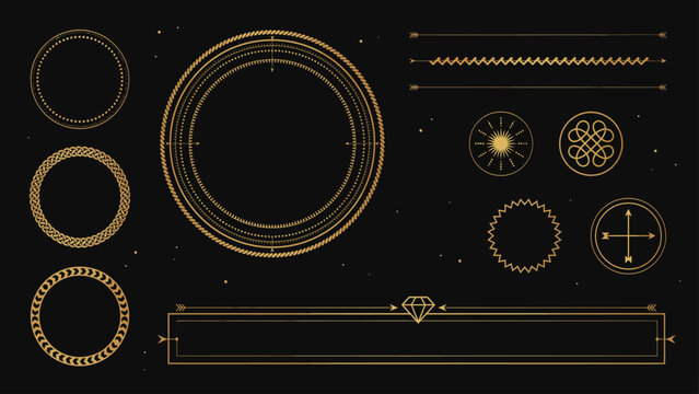 Modern geometric diamond ring design illustrations and wireframe diagrams on black background . Vector Flat Illustration.