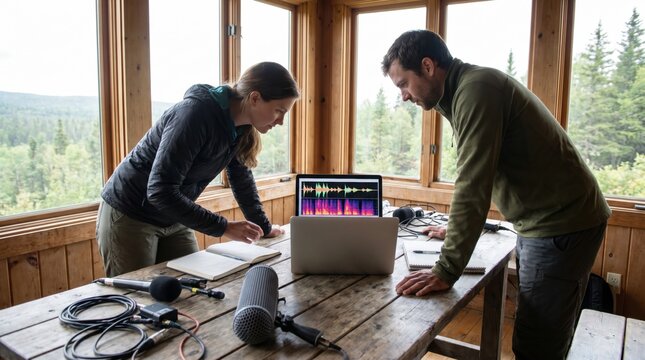 Two researchers analyzing audio spectrograms on a laptop computer inside a wooden observation cabin