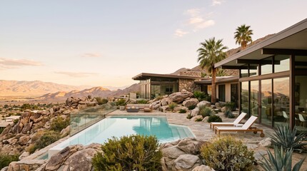 Fototapeta premium Modern stone house and pool overlooking desert mountains at sunset