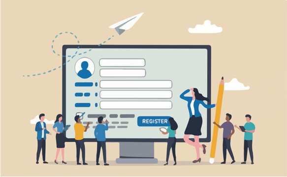 Register new user account, registration form submission, sign up information online, apply new job membership, self service concept, businesswoman to pencil complete online registration form