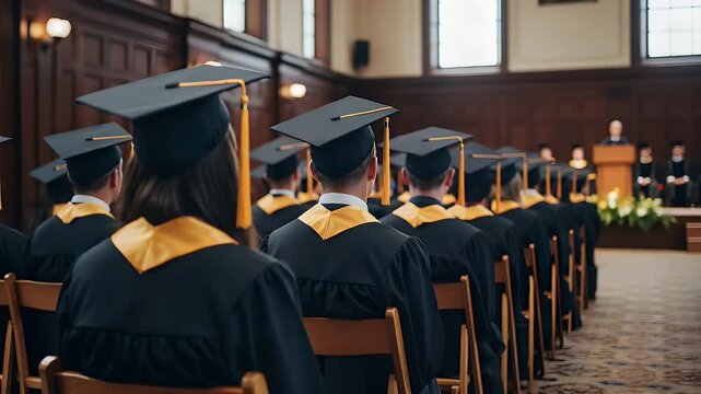 Diverse students sitting in a graduation ceremony wearing black gowns and caps while listening to a speaker standing on stage during an academic event inside a hall