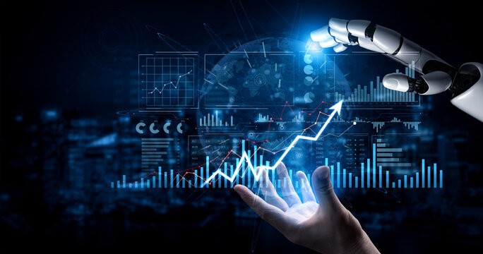A robotic hand reaches out to interact with a holographic financial growth chart, symbolizing the intersection of technology and business innovation in a digital world. Scalp