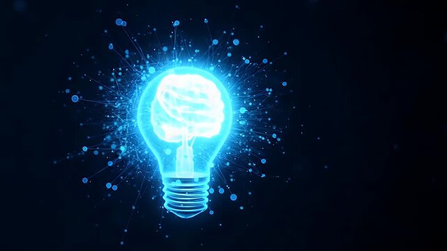 Glowing light bulb containing a human brain representing creative thoughts and intellectual inspiration isolated on a dark digital background with particles exploding in bright blue