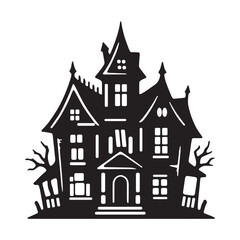 Naklejka premium Black silhouette of a haunted mansion with gnarled trees for halloween design silhouette halloween