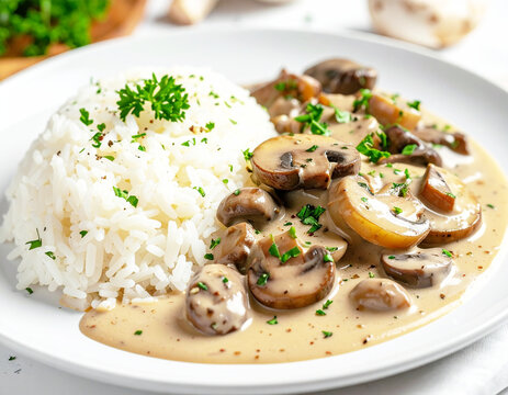 Mushroom stroganoff in a creamy gravy with white rice, white plate. AI