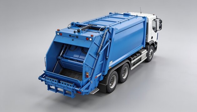 High-angle studio shot of a blue and white municipal garbage collection truck, isolated on a light gray background. Concept of waste management, city sanitation, and public utility services.