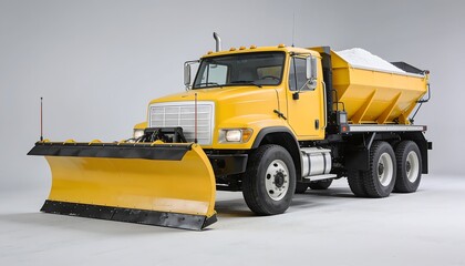 Obraz premium Studio shot of a heavy-duty yellow snowplow truck with a salt spreader hopper, isolated on a white background. Concept of winter road maintenance and snow removal.