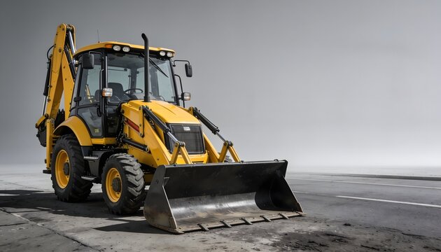 A heavy yellow backhoe loader parked on an asphalt road surface against a light gray background. Concept of construction, road works, and earthmoving machinery.