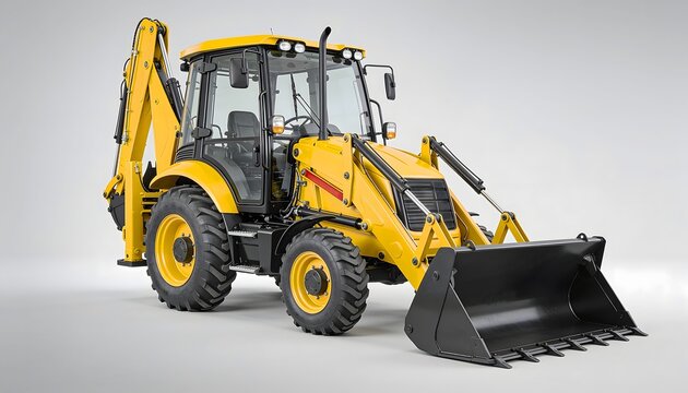 Studio shot of a heavy yellow backhoe loader isolated on a light gray background. Concept of construction, earthmoving, and heavy industrial machinery.