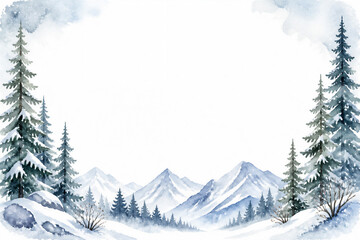 Fototapeta premium Snowy mountain landscape framed by pine trees and snowdrifts