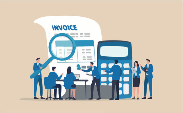 Invoice, bill or total amount to pay for service, charge price calculation or finance payment system, accounting, quotation receipt concept, businessman holding magnifier on invoice document