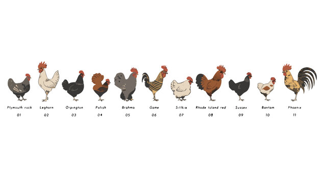 Heritage Chicken Breeds Horizontal Row Flat Vector Illustration Vintage Stamp Badge Set with Plymouth Rock Hen Leghorn Rooster Brahma and Silkie Isolated Collection for Marketing Packaging and Present