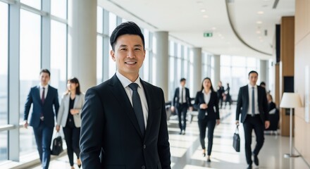 Fototapeta premium A young Asian man in a dark suit smiles at the camera in a modern office hallway. Colleagues walk behind him in a bright, contemporary workspace. Perfect for business and corporate themes.