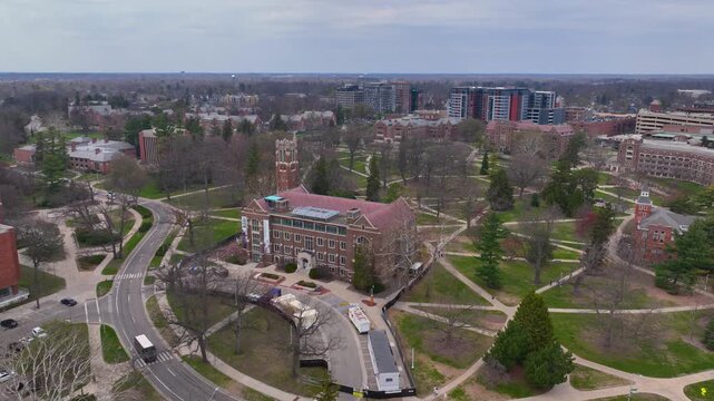 Beaumont Tower and MSU Museum aerial view in Michigan State University in East Lansing, Michigan MI, USA. 