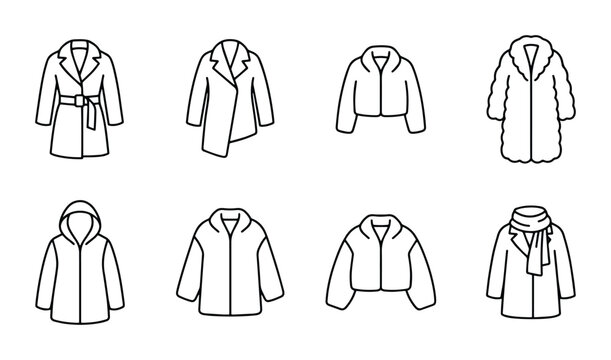 Fashion Outerwear Icons: Stylish Coat & Jacket Vector Set for Apparel Design, 8 Pieces