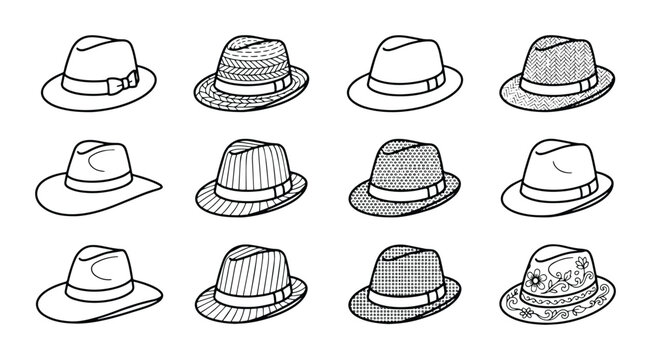 Fedora Hat Collection Vector Icons, Vintage Style Headwear Set, Classic Mens Fashion Accessories, Retro Style Illustration