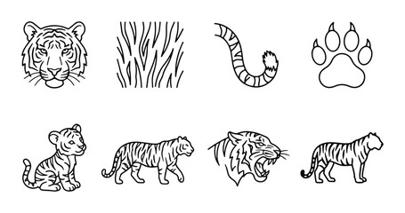 Tiger Icons Set: Wild Cat Vector Graphics, Cub, Roaring Face, Paw Print, Tail, Stripes, Wildlife Collection © IconCrown123