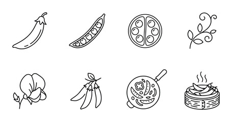 Obraz premium Pea Pod Icons, Fresh Vegetable Line Art Collection, Healthy Food Graphics, Organic Ingredient Vector Set