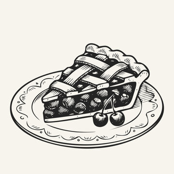Vintage ink sketch of a cherry pie slice on a plate. Hand-drawn doodle illustration of traditional sweet lattice crust pastry topped with fresh double cherries.