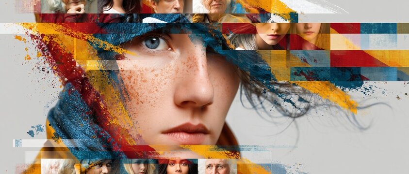 A fragmented portrait of a young woman's face merges with colorful paint strokes and diverse human faces as a creative background.