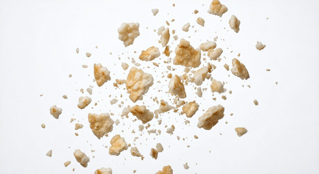 Explosion of crispy rice cake crumbs and cracker pieces isolated on white background