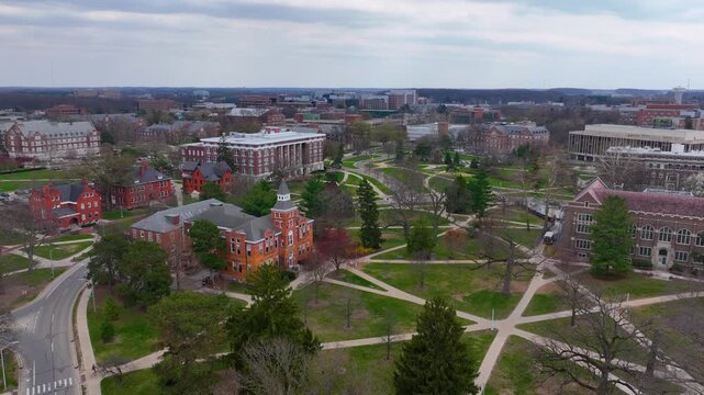 Robert S. Linton Hall aerial view in Michigan State University in East Lansing, Michigan MI, USA. This building is the home of College of Arts and Letters. 