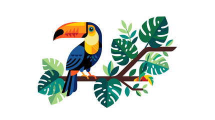 Fototapeta premium Colorful Toucan Bird Perched on a Branch Surrounded by Lush Green Tropical Leaves