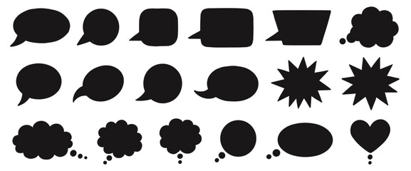 Fototapeta premium Collection of black speech bubbles and thought clouds in various shapes, including rectangular, circular, starburst, and heart silhouettes