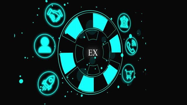Futuristic Neon Business Ecosystem Infographic with Digital Technology Icons EX System Software Automation 4k