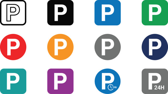 Car parking icon set with letter P road sign symbol inside circle and square buttons for vehicle garage traffic navigation zone and street destination vector