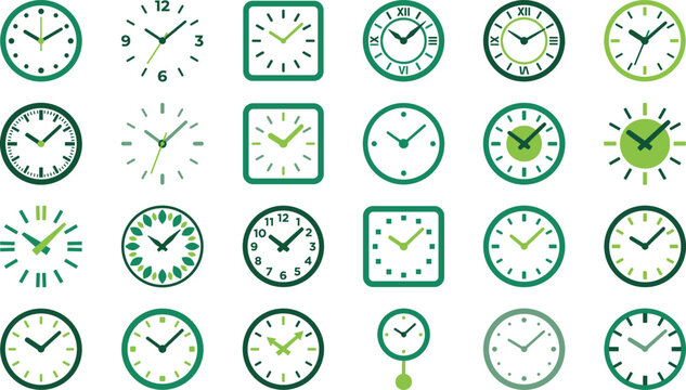 Clock face icon set with green mechanical round and square watch symbols with roman and arabic numerals for time tracking appointment and deadline vector