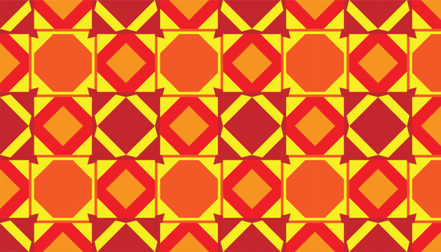 Seamless geometric pattern with abstract squares and octagons in warm red, orange, and yellow colors