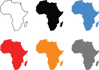Fototapeta premium Africa map colorful icon vector set with distinct continental silhouettes including thin outline stroke and filled shapes for travel geography education or presentation infographic