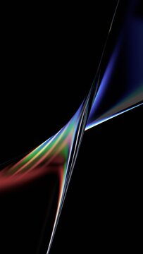 Abstract iridescent glass curved shapes on a black background, vertical 3d render