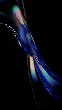 Abstract minimalist glass wavy line on a black background with color refraction effect, vertical 3d render