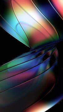 Abstract iridescent glass curved shapes on a black background, vertical 3d render