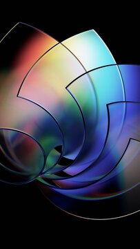 Abstract iridescent glass curved shapes on a black background, vertical 3d render