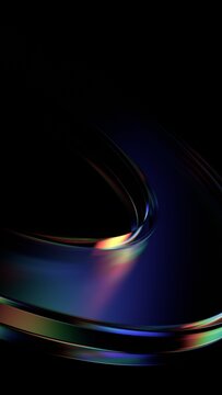 Abstract minimalist glass shape on a black background with color refraction effect, vertical 3d render
