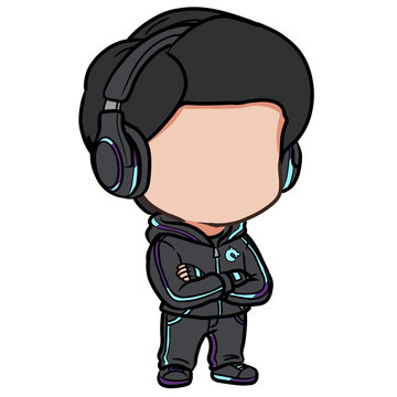 Chibi Faceless Gamer with Headphones and Esports Hoodie Illustration